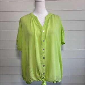 Chico's Crinkle‎ Button Down Tie Front Top Blouse Bright Lime Size 1